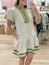 Olive Stripe Puff Sleeve Dress