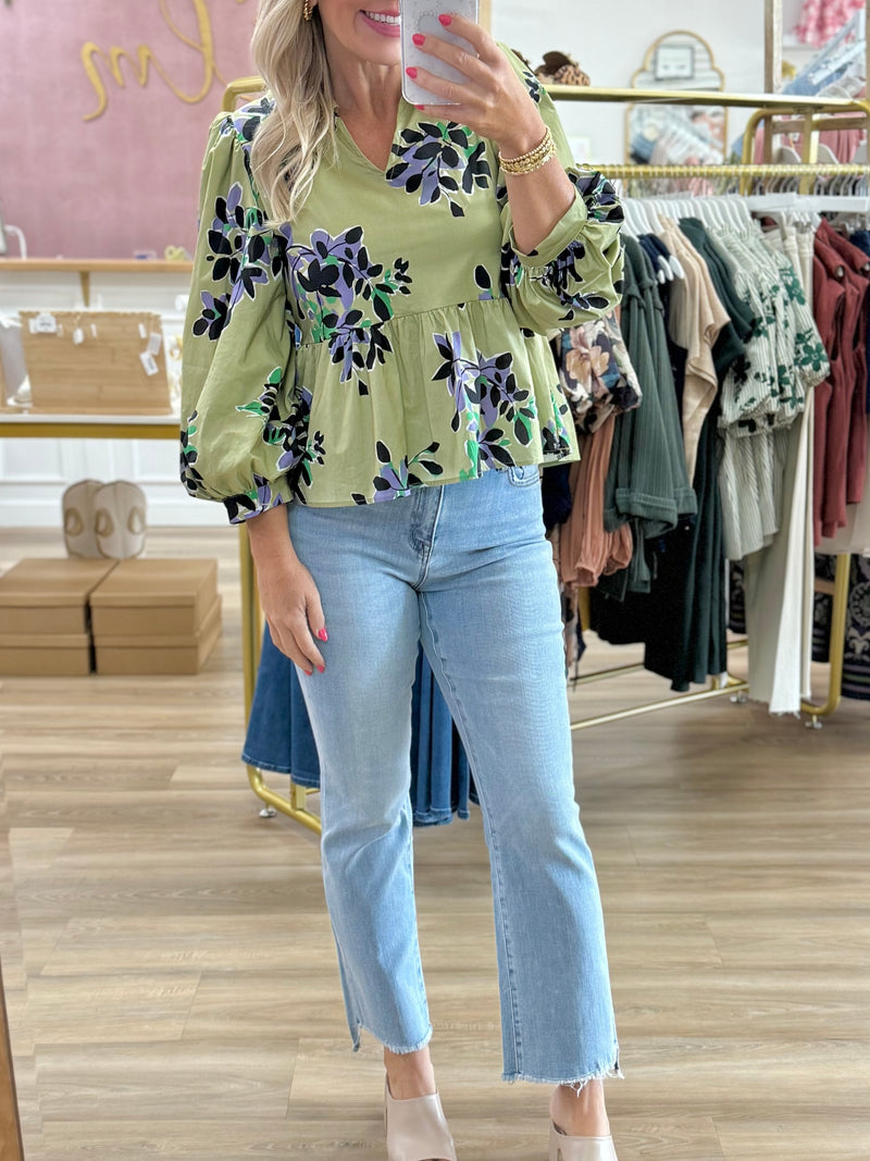 Green Floral Peplum Top