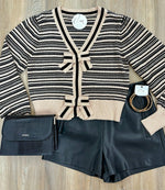 Black/Taupe Cardigan w/Ribbon Button