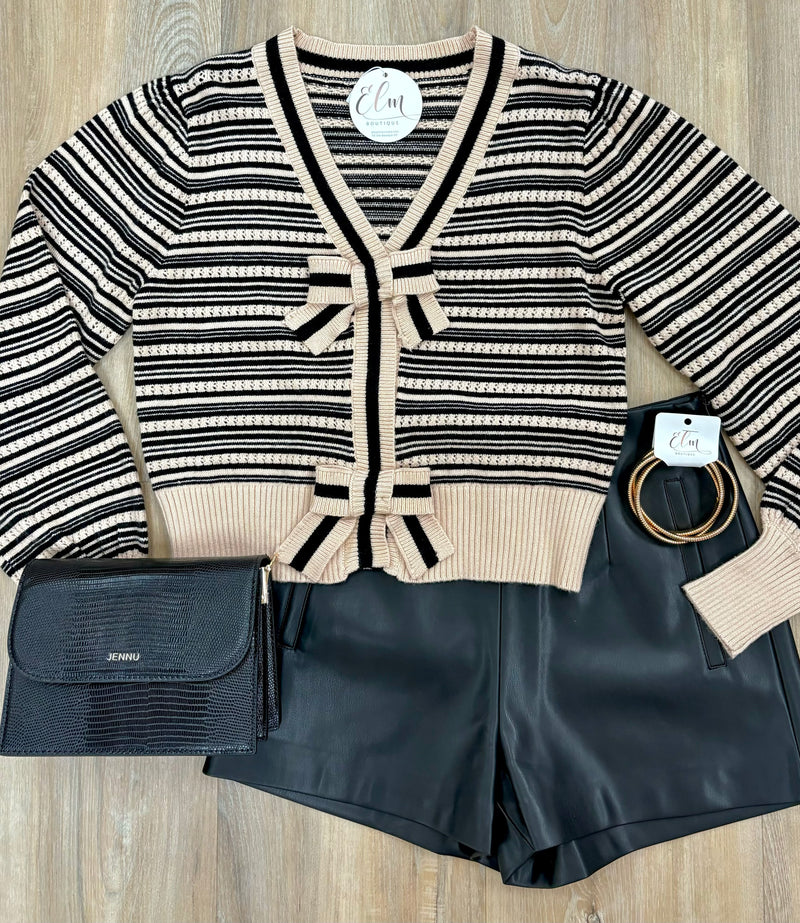 Black/Taupe Cardigan w/Ribbon Button