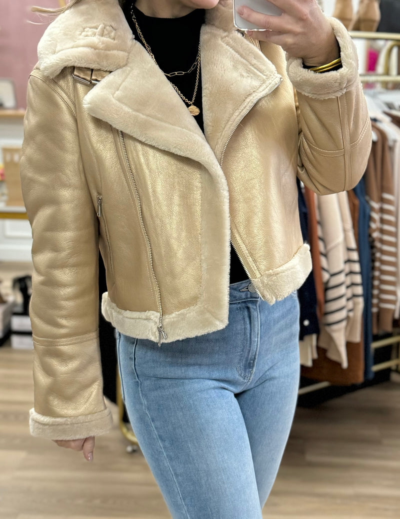 Gold Leather/Fur Moto Jacket