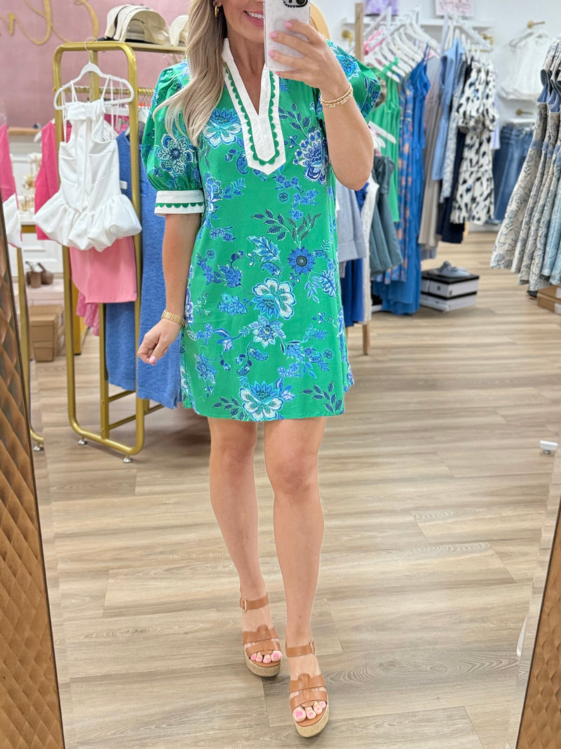 Green Floral Mock Neck Dress
