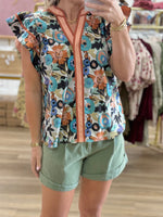 Multi-Floral Flutter Sleeve Top