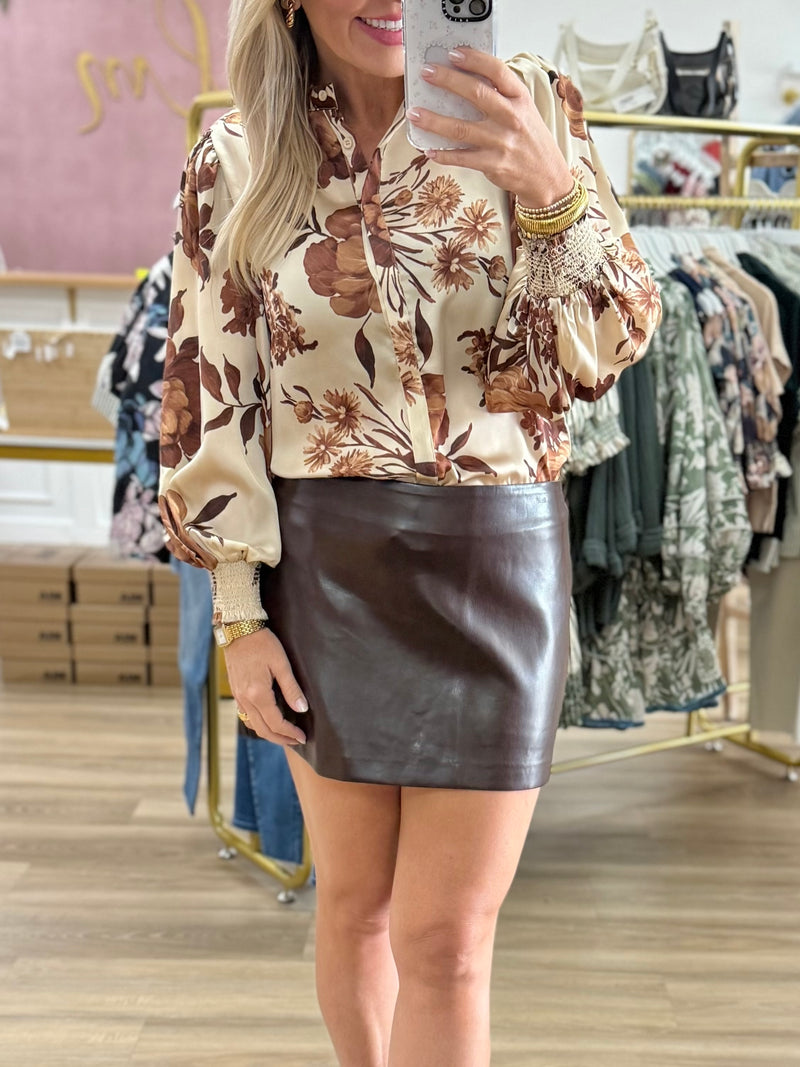 Cream/Brown Floral Satin Blouse