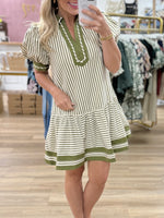 Olive Stripe Puff Sleeve Dress
