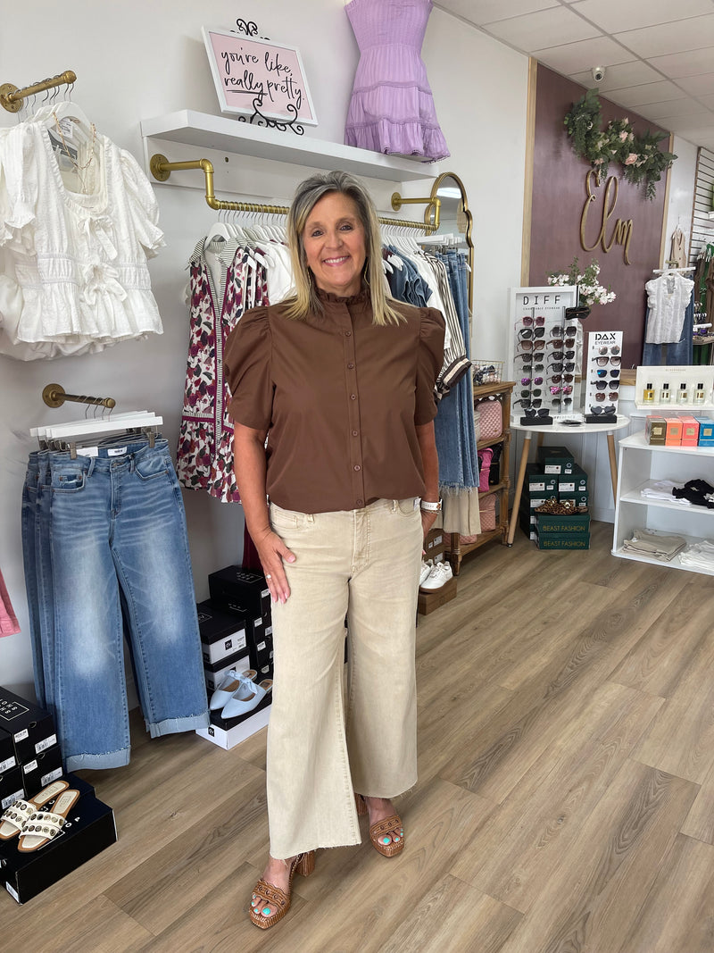 Brown Puff Sleeve Button Up