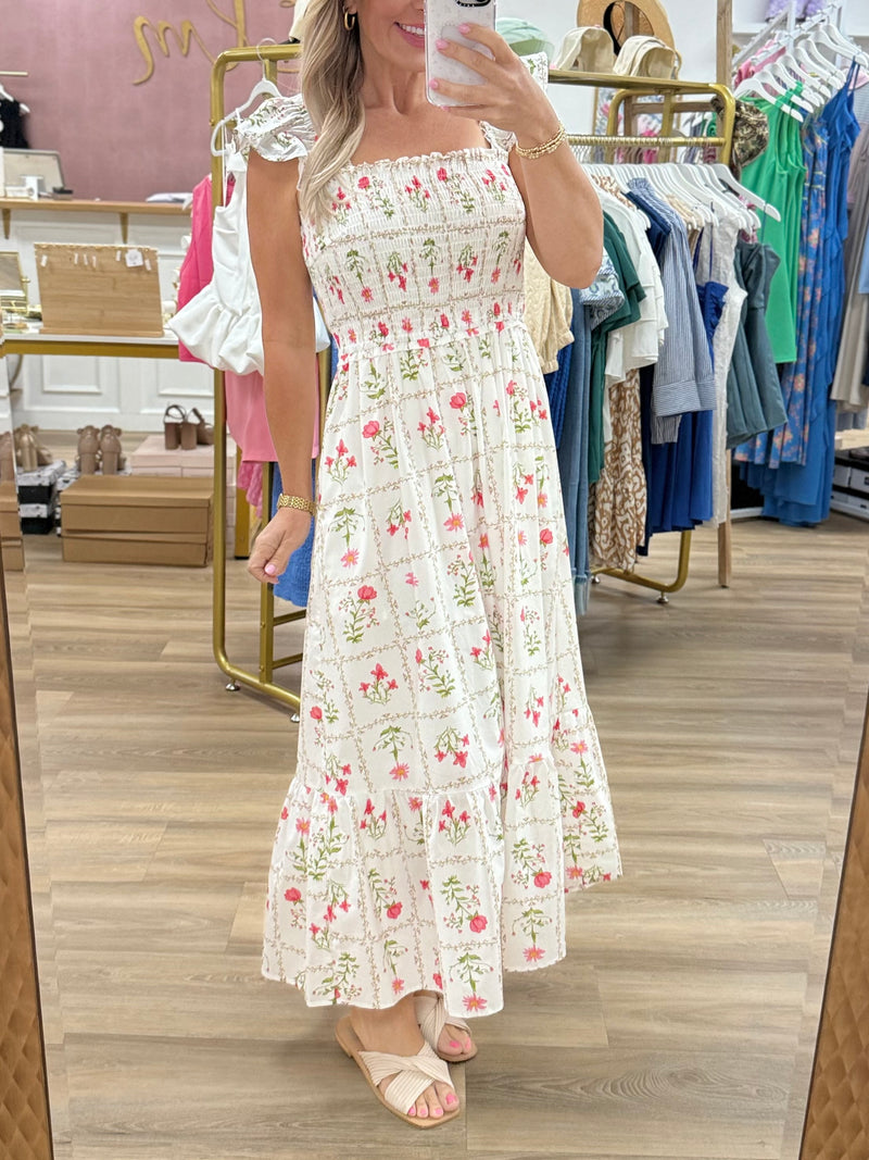 White Floral Midi Dress