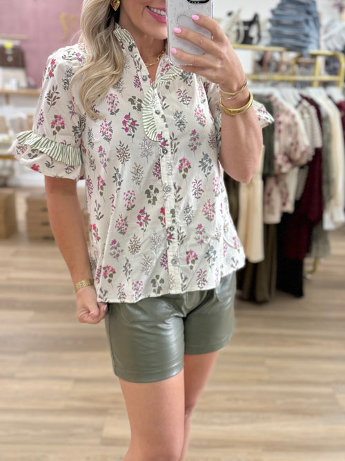Cream Mock Neck Floral Top