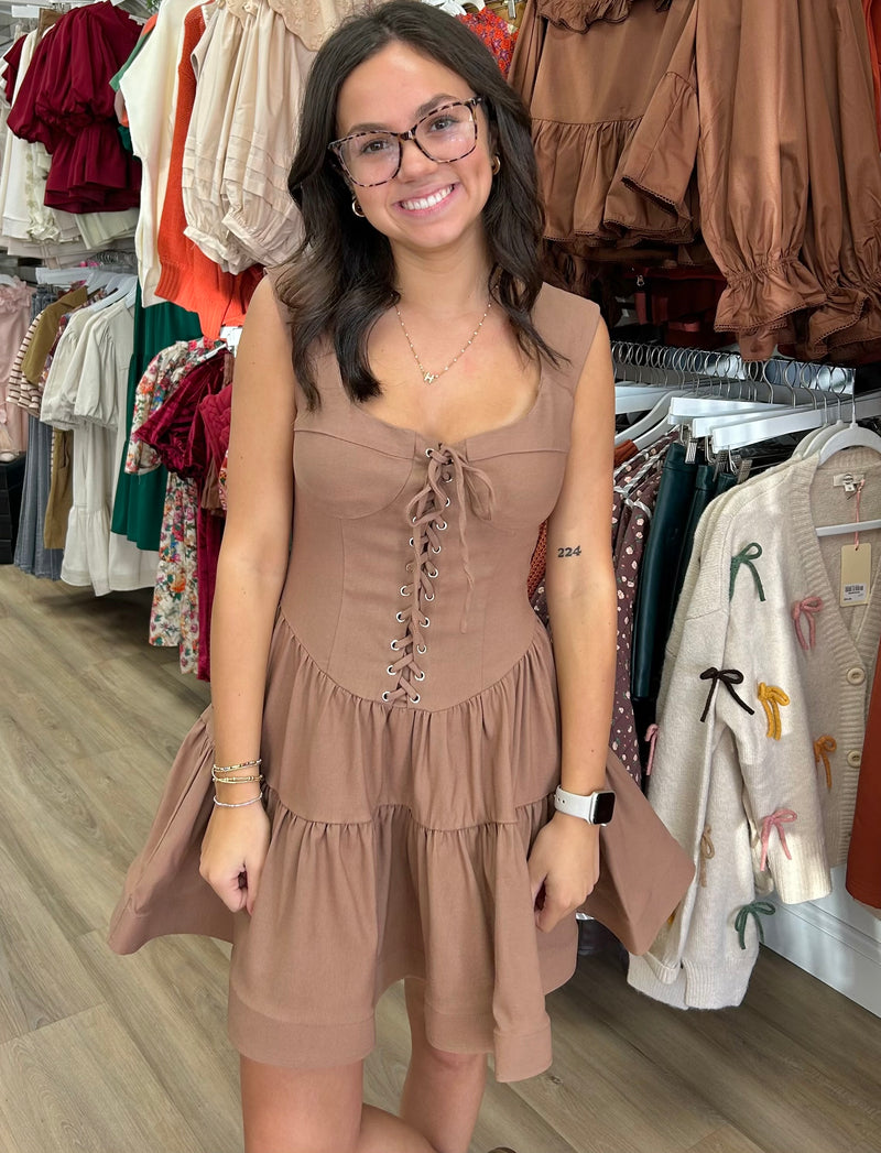 Camel Color Lace Up Dress