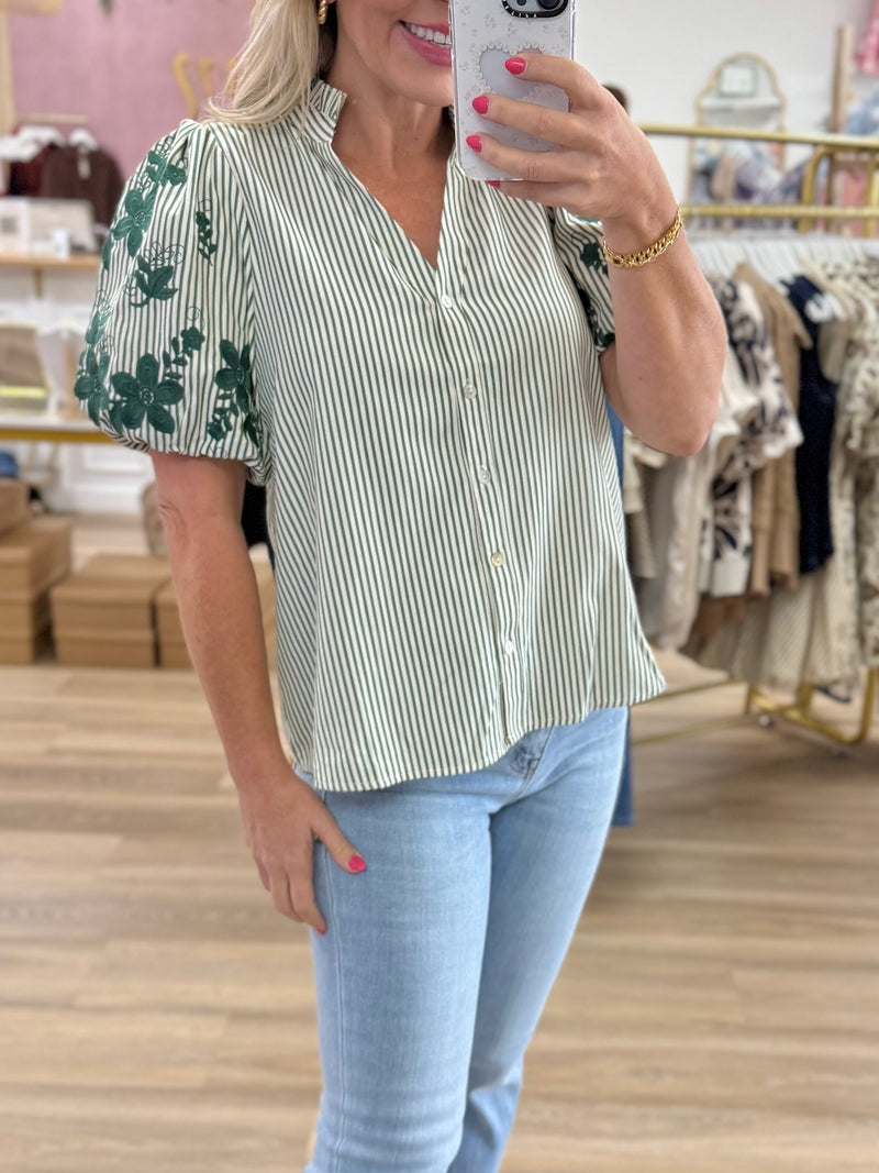 Green Embroidered Sleeve Top