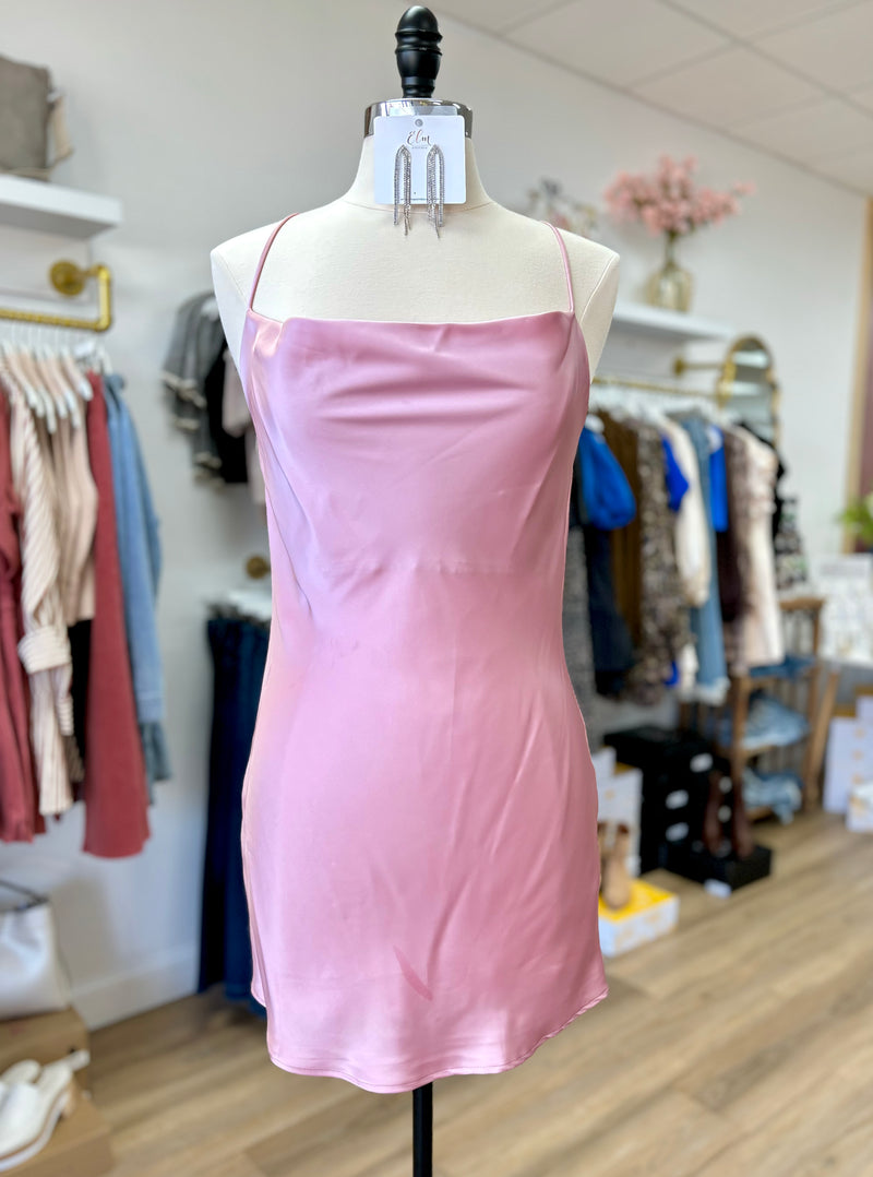 Satin Rose Cowl Neck Dress