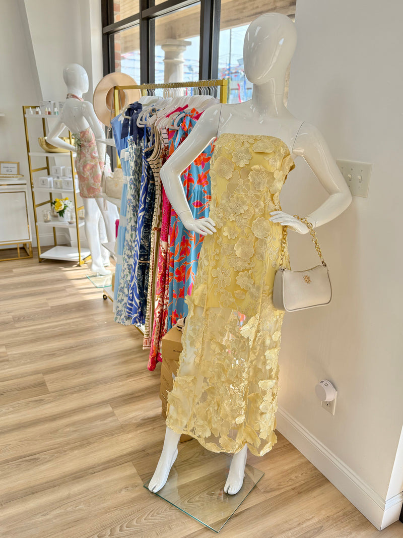 Strapless Yellow Embroidered Maxi