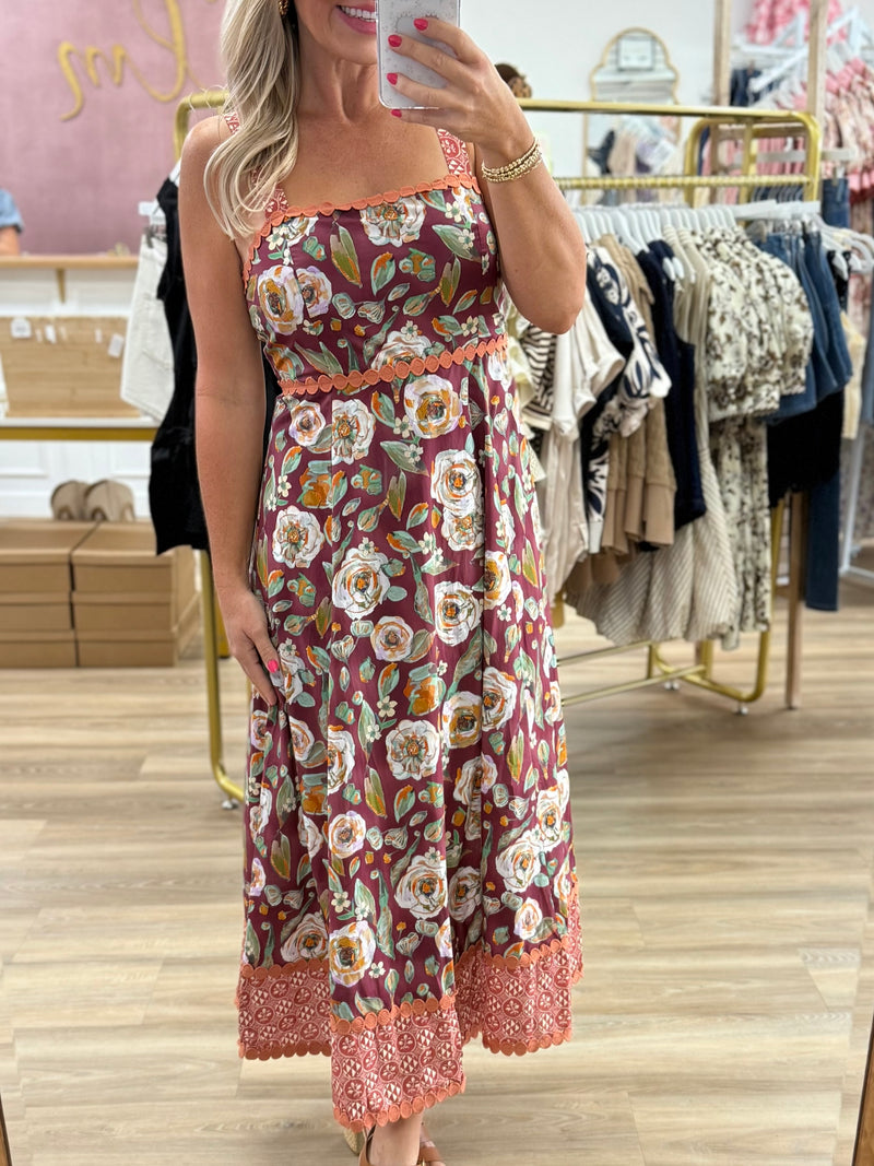 Burgundy Floral Midi Dress