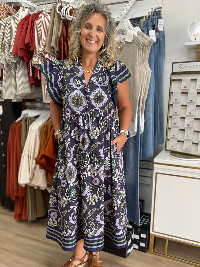 Navy Printed Midi Dress