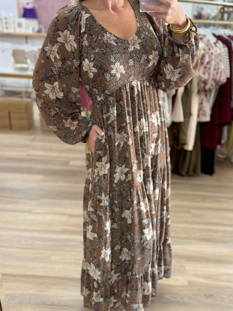 Brown Floral Smocked Dress