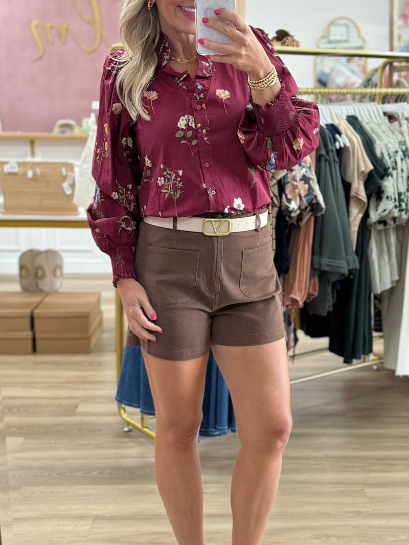 Burgundy Floral Button Up Top
