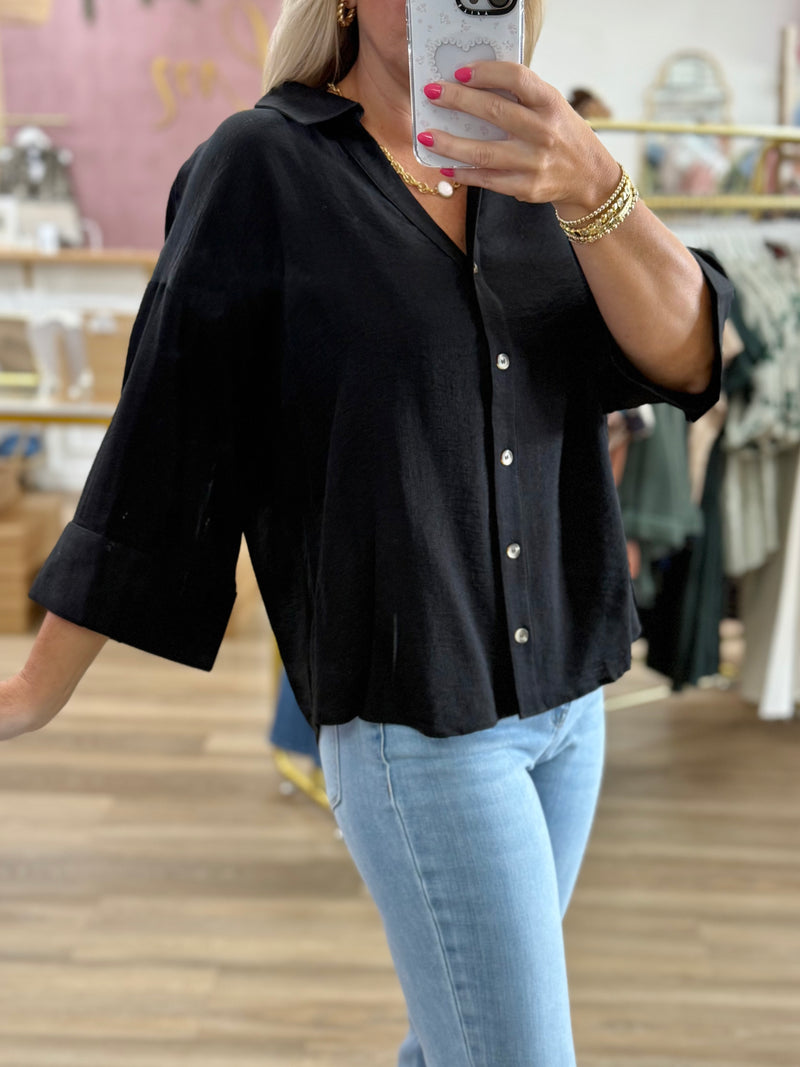 Black Button Front Top