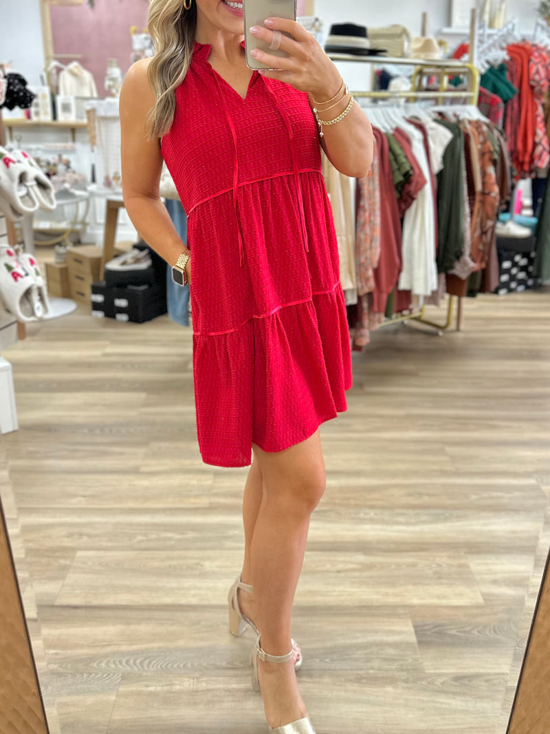 Joy Joy-Red Tiered Halter Dress