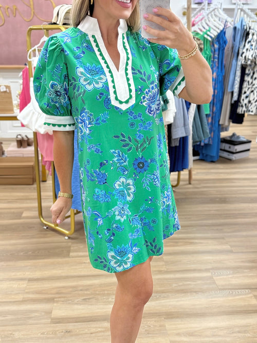 Green Floral Mock Neck Dress