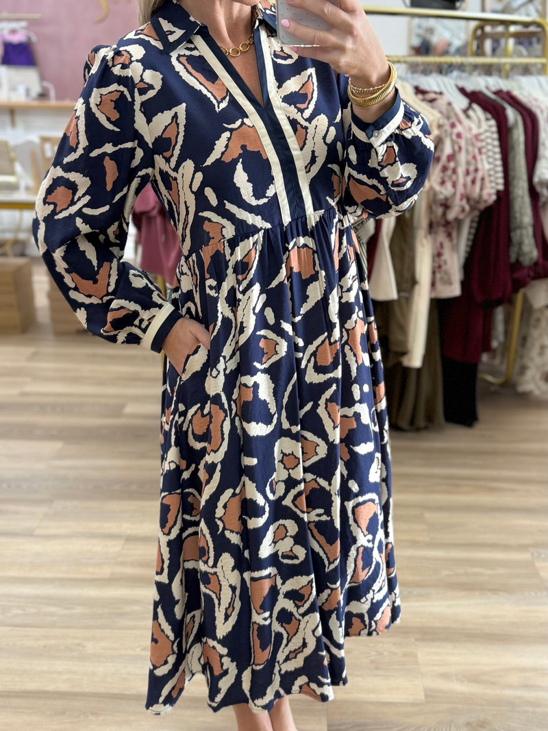 Navy Printed Midi Dress