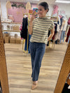 Taupe/Navy Stripe Mock Neck Top