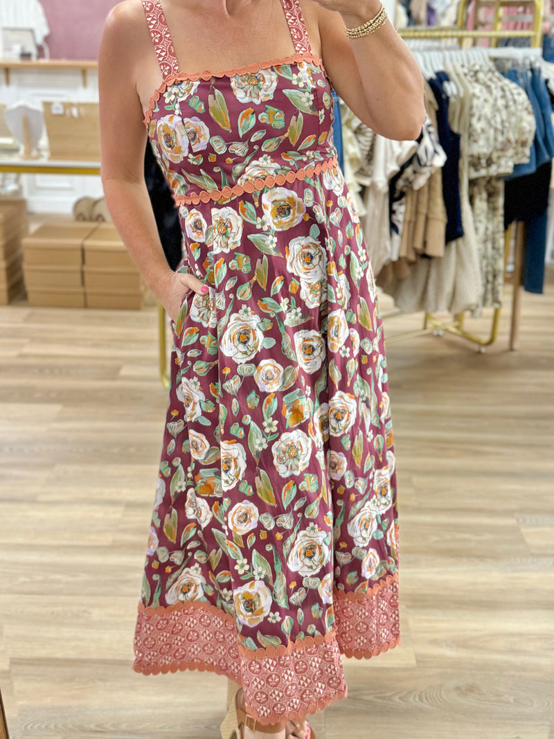 Burgundy Floral Midi Dress