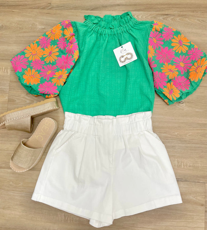 Green Embroidered Sleeve Top