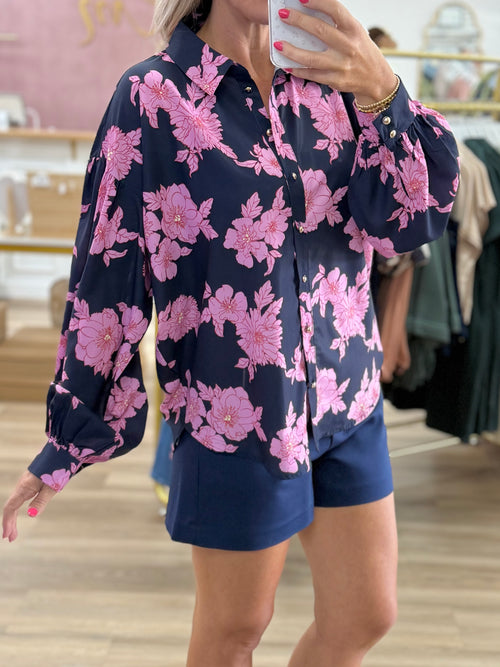 Navy/Pink Floral Button Up Blouse