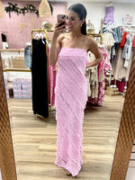 Pink Ruffled Strapless Maxi Dress
