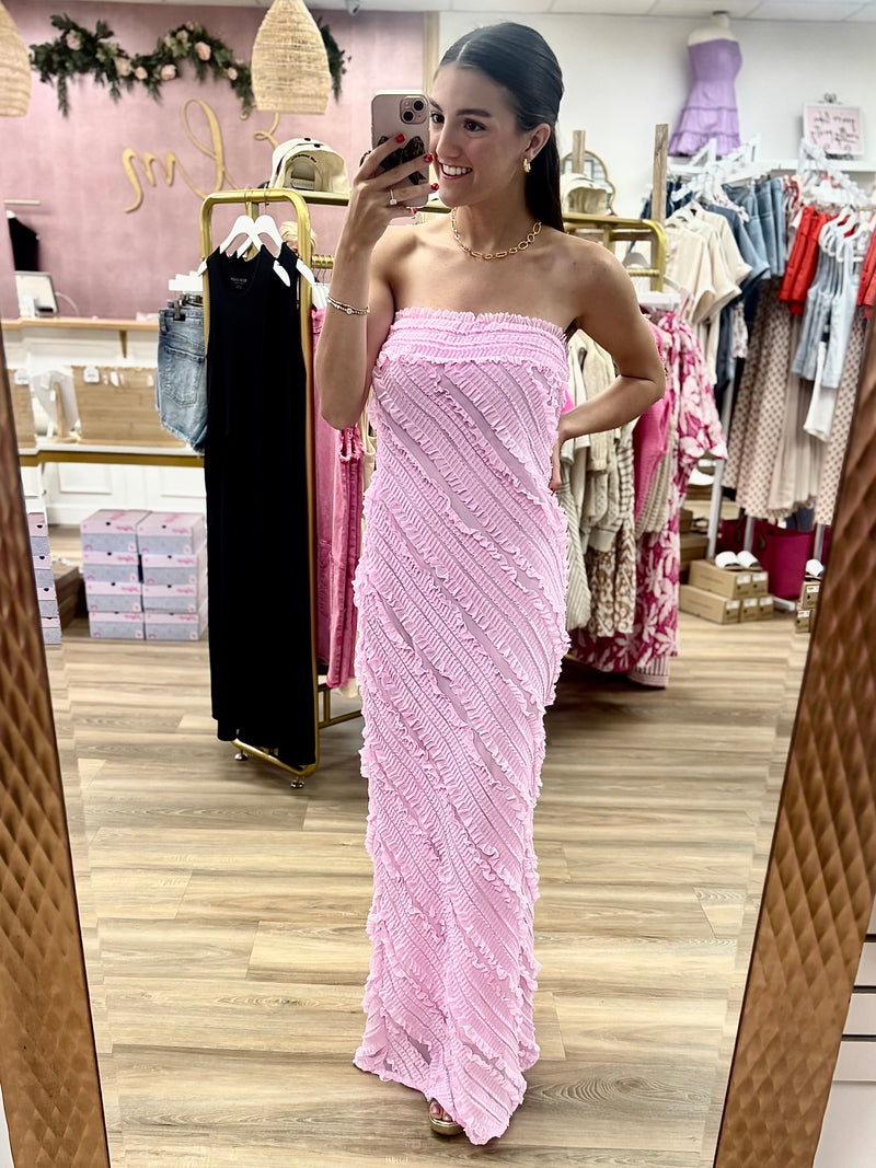 Pink Ruffled Strapless Maxi Dress