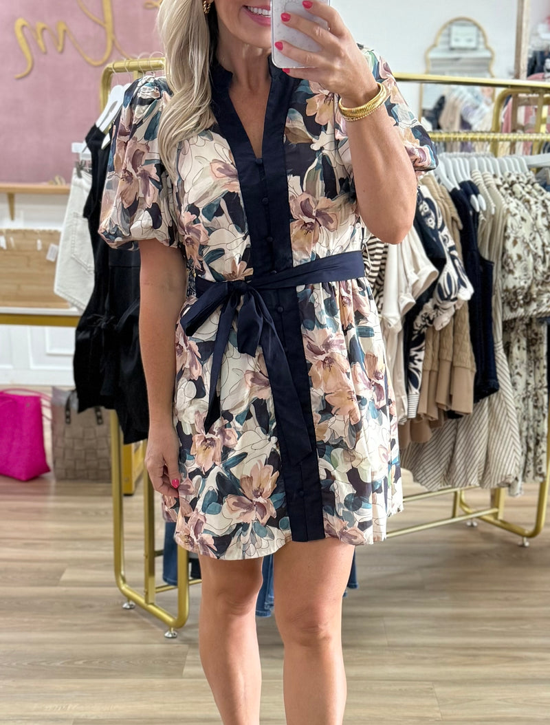 Navy Floral Belted Dress