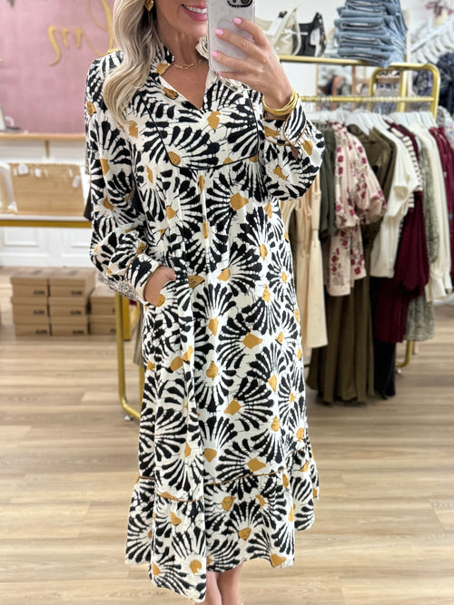 Long Sleeve Black Printed Dress