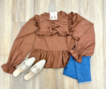 Brown Ruffle/Bow Trim Top