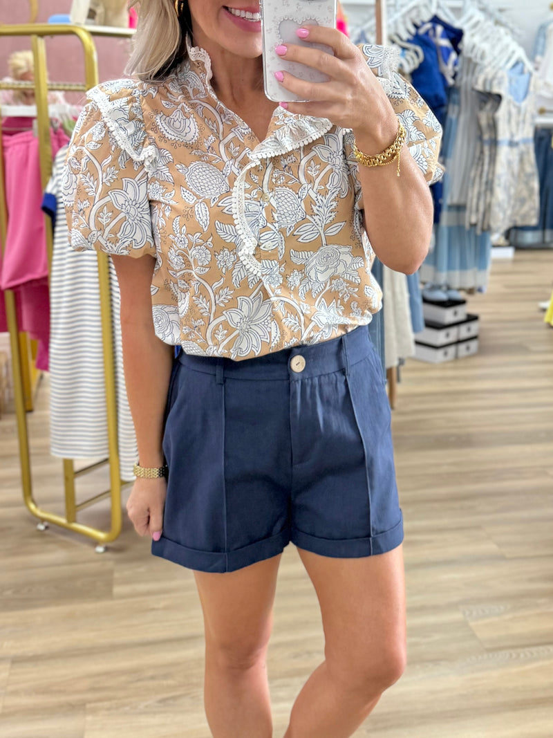 Tan/Navy Printed Top