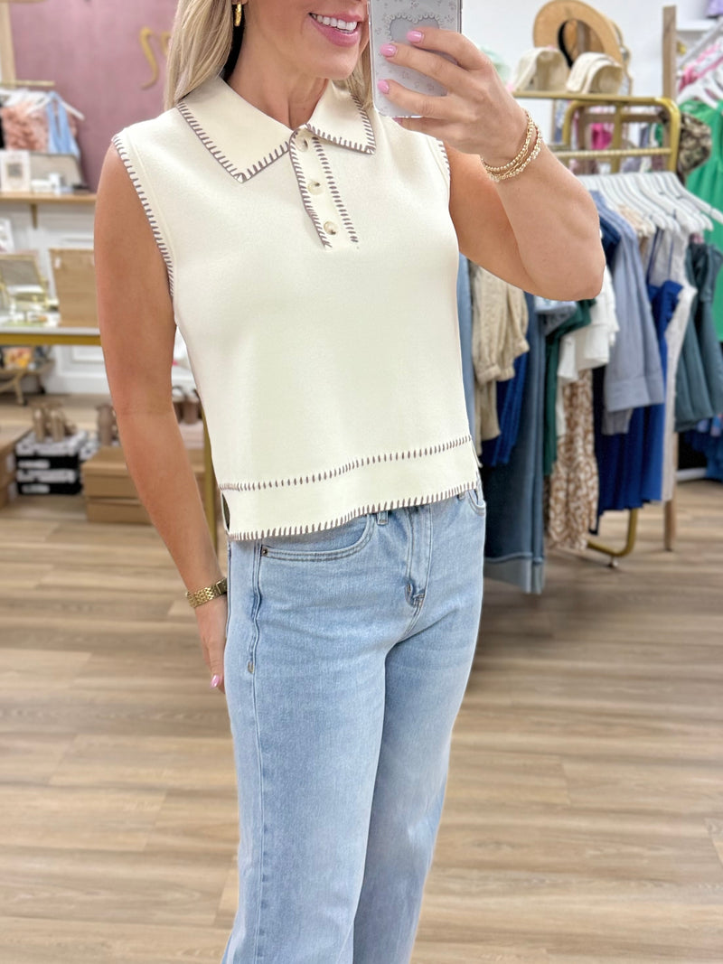 Cream Knit Top w/Stitching Detail