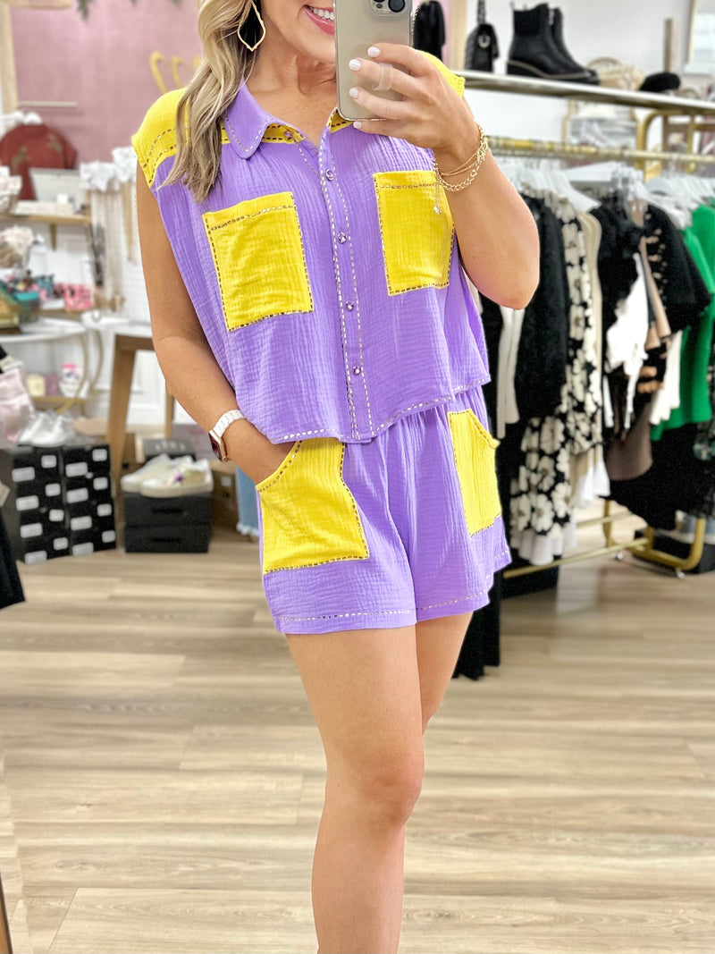 QOS Purple/Yellow Gauze Shorts