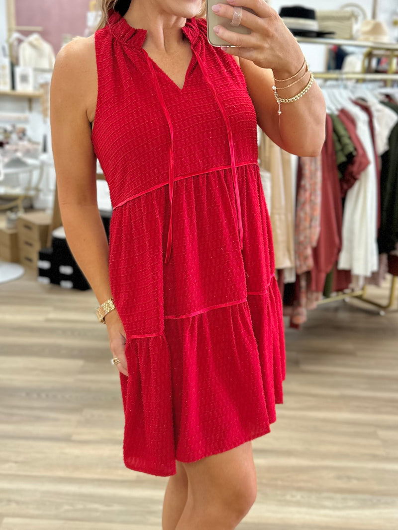 Joy Joy-Red Tiered Halter Dress