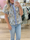 Blue Floral Button Front Top