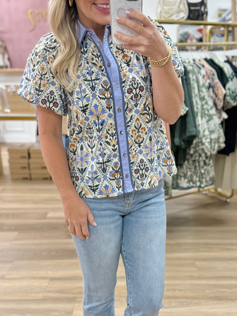 Blue Floral Button Front Top