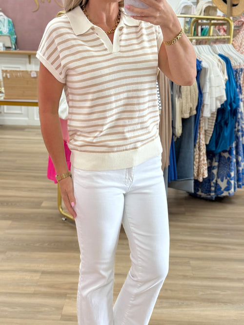 Ivory/Taupe Stripe Collared Top