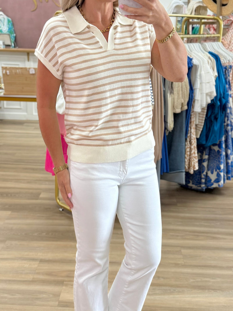 Ivory/Taupe Stripe Collared Top