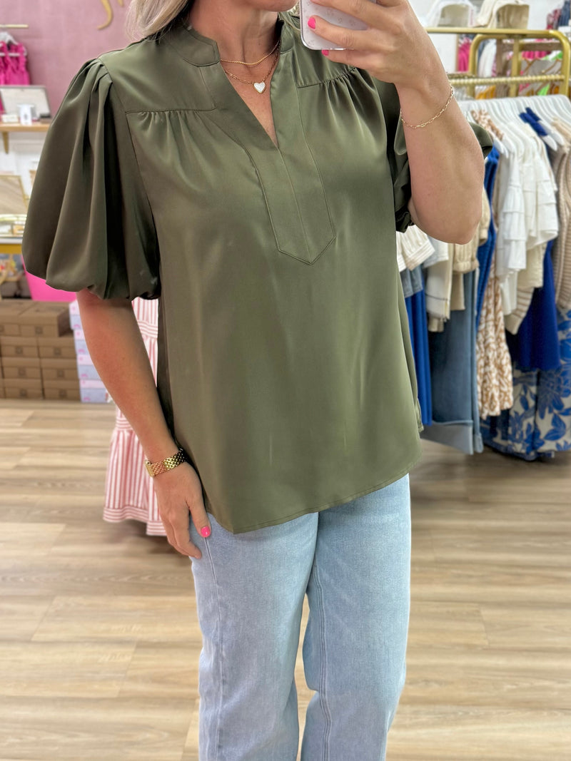 Olive Puff Sleeve Top