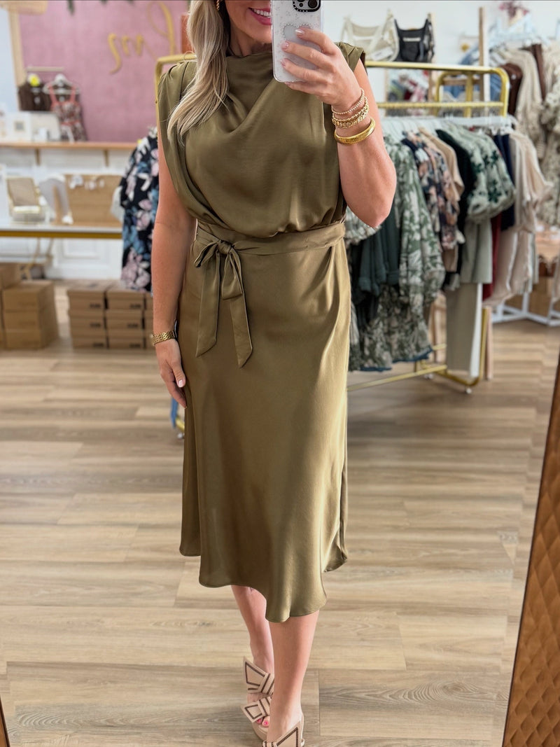 Olive Satin Midi Dress