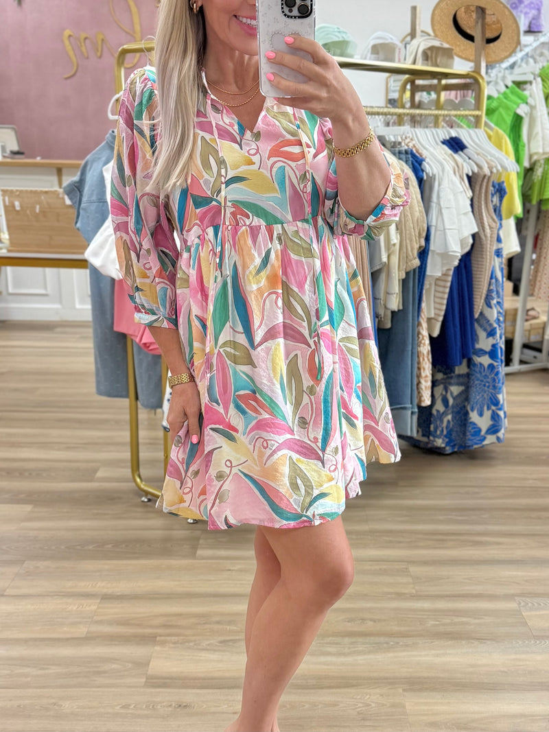 Pink Print 3/4 Sleeve Dress