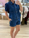 Puff Sleeve Denim Top With Shorts