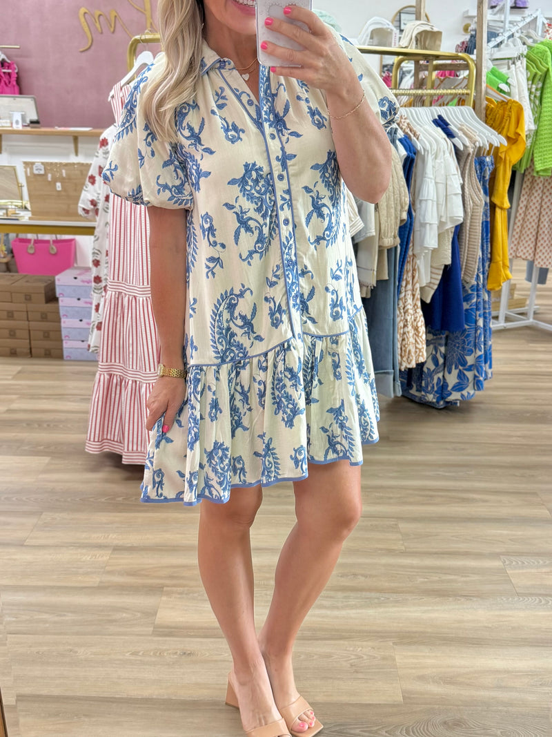 Blue/Cream Printed Dress