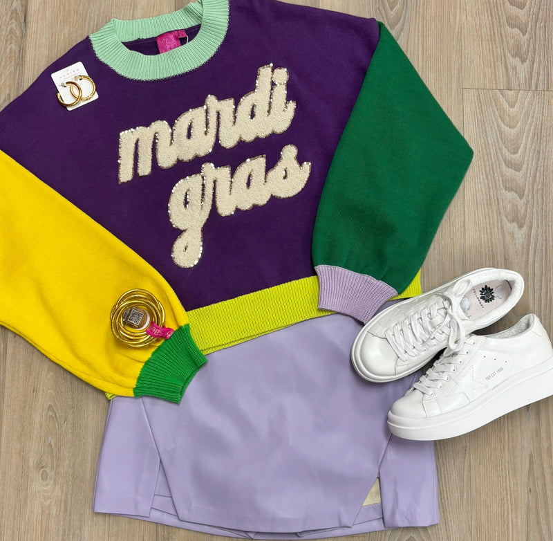 QOS Colorblock Mardi Gras Sweater