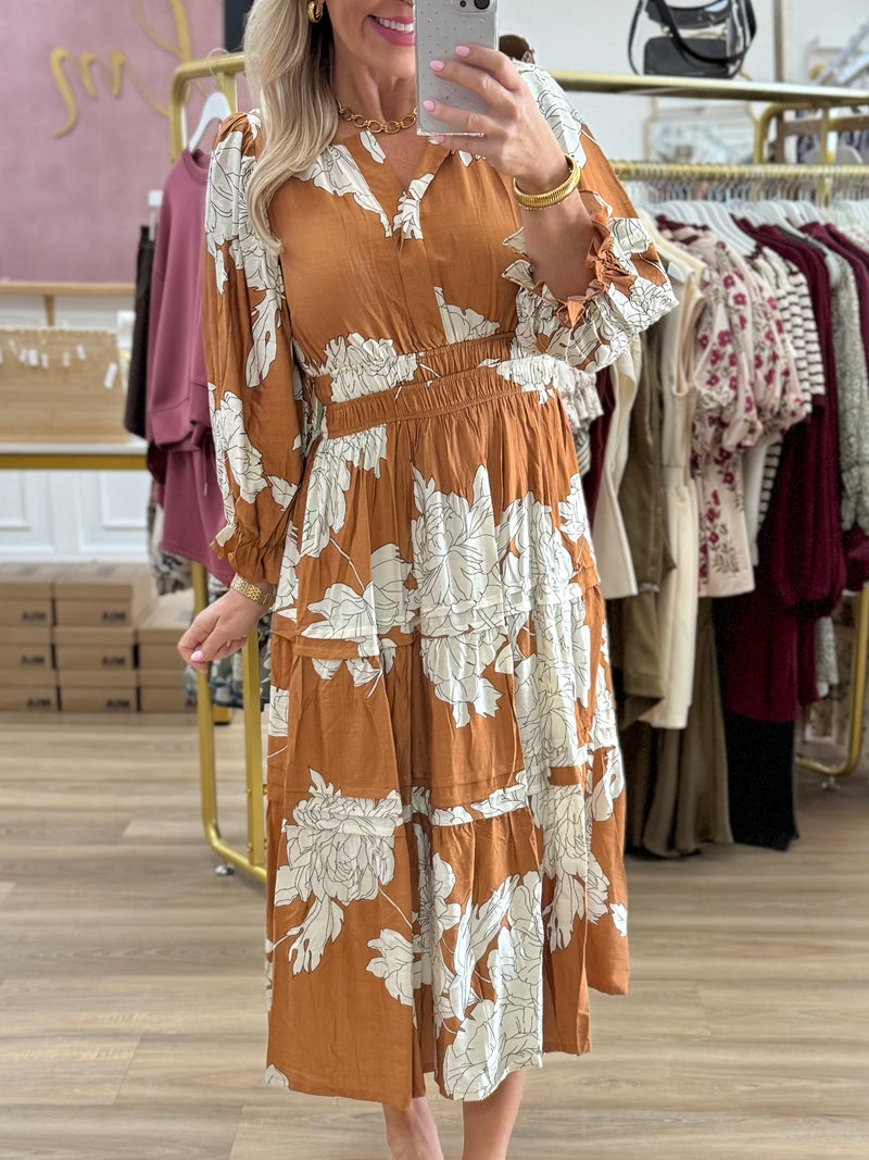 Rust Floral Midi Dress