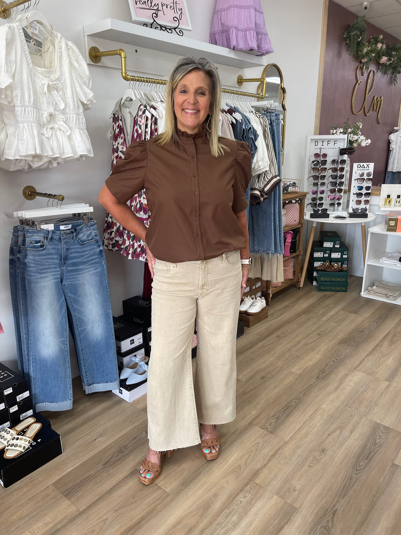 Brown Puff Sleeve Button Up