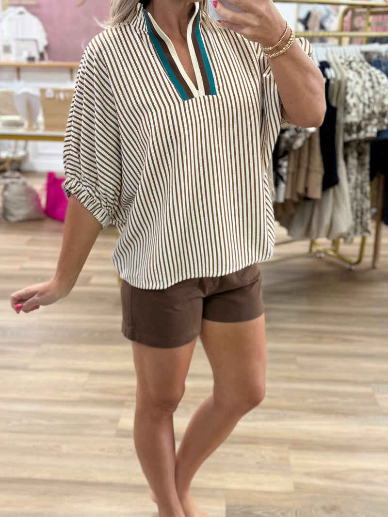 Brown Stripe Dolman Sleeve Top